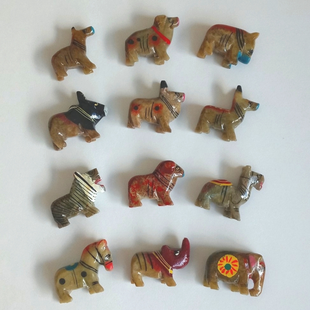 12 Colorful Hand Painted Miniature Soapstone Animal Figurines (Set Of 12)